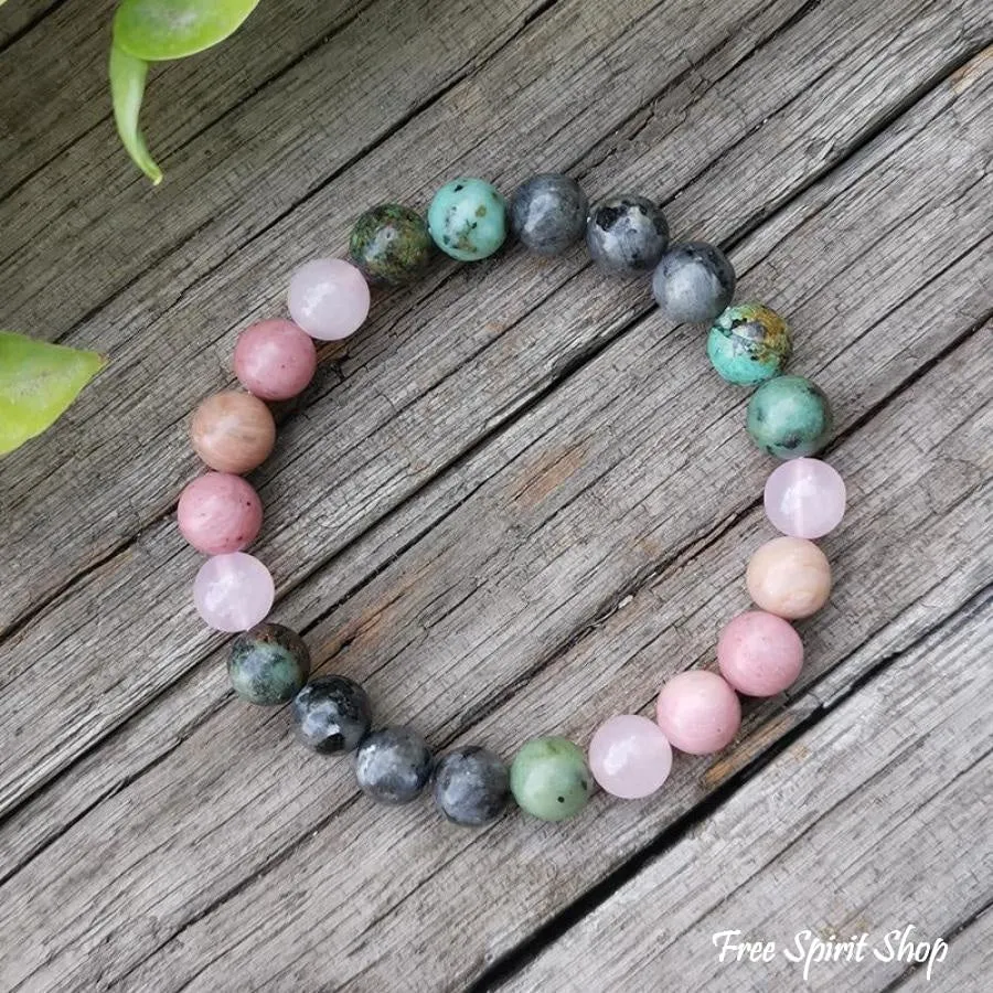 Natural African Turquoise Labradorite Rhodonite & Rose Quartz Bead Bracelet