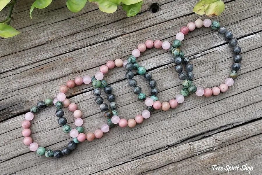 Natural African Turquoise Labradorite Rhodonite & Rose Quartz Bead Bracelet