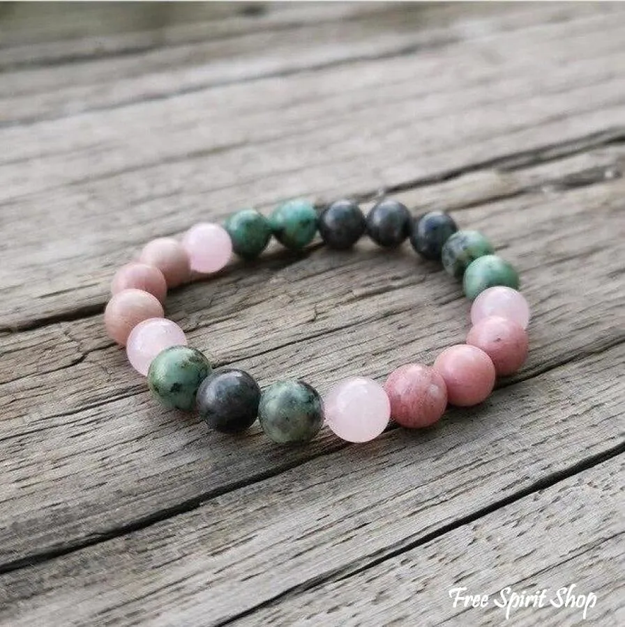 Natural African Turquoise Labradorite Rhodonite & Rose Quartz Bead Bracelet