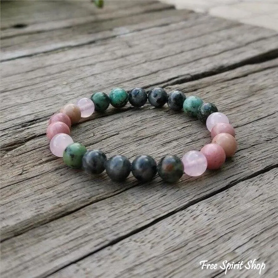 Natural African Turquoise Labradorite Rhodonite & Rose Quartz Bead Bracelet