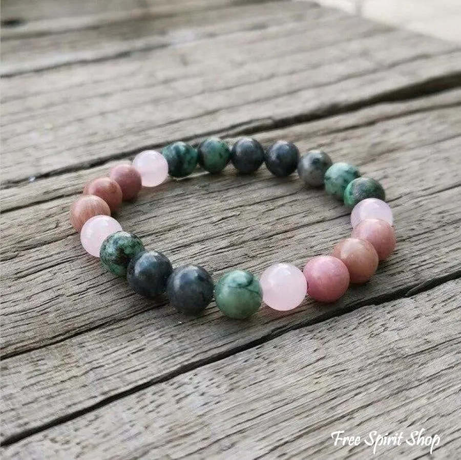 Natural African Turquoise Labradorite Rhodonite & Rose Quartz Bead Bracelet