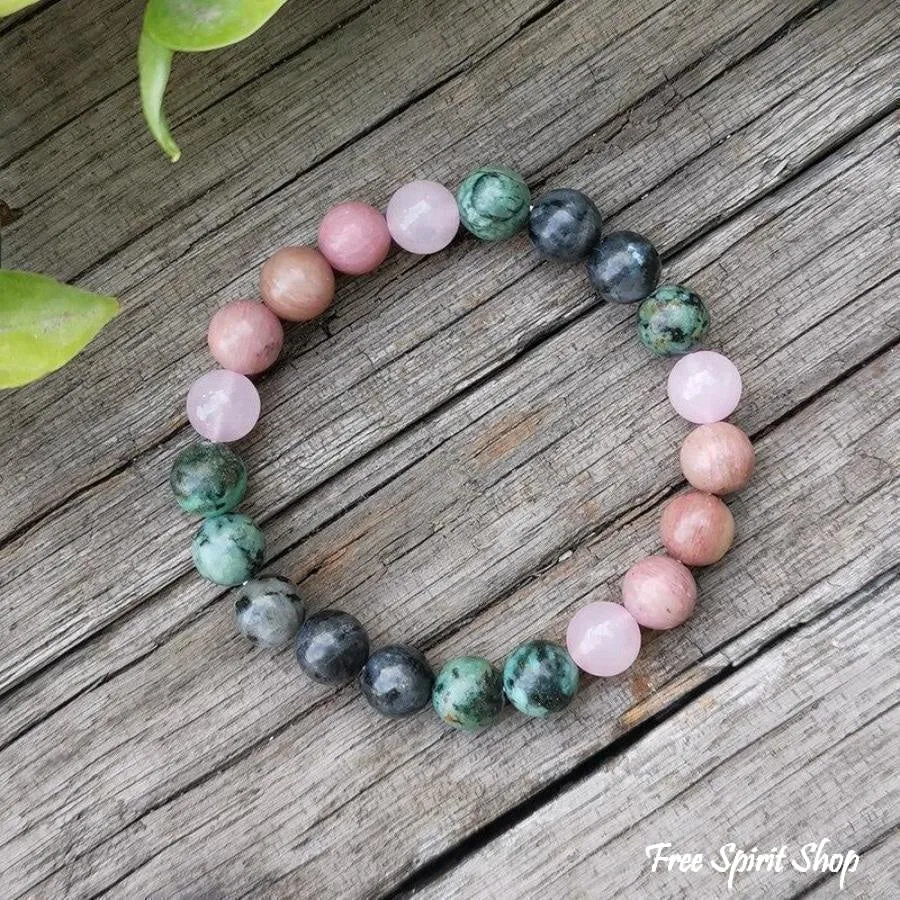 Natural African Turquoise Labradorite Rhodonite & Rose Quartz Bead Bracelet