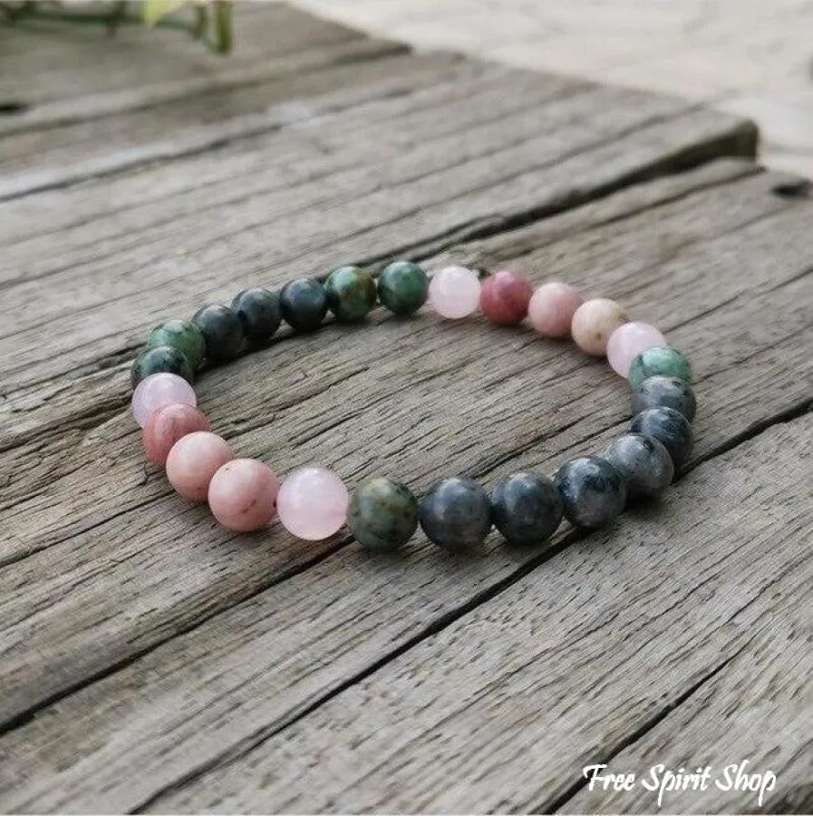 Natural African Turquoise Labradorite Rhodonite & Rose Quartz Bead Bracelet