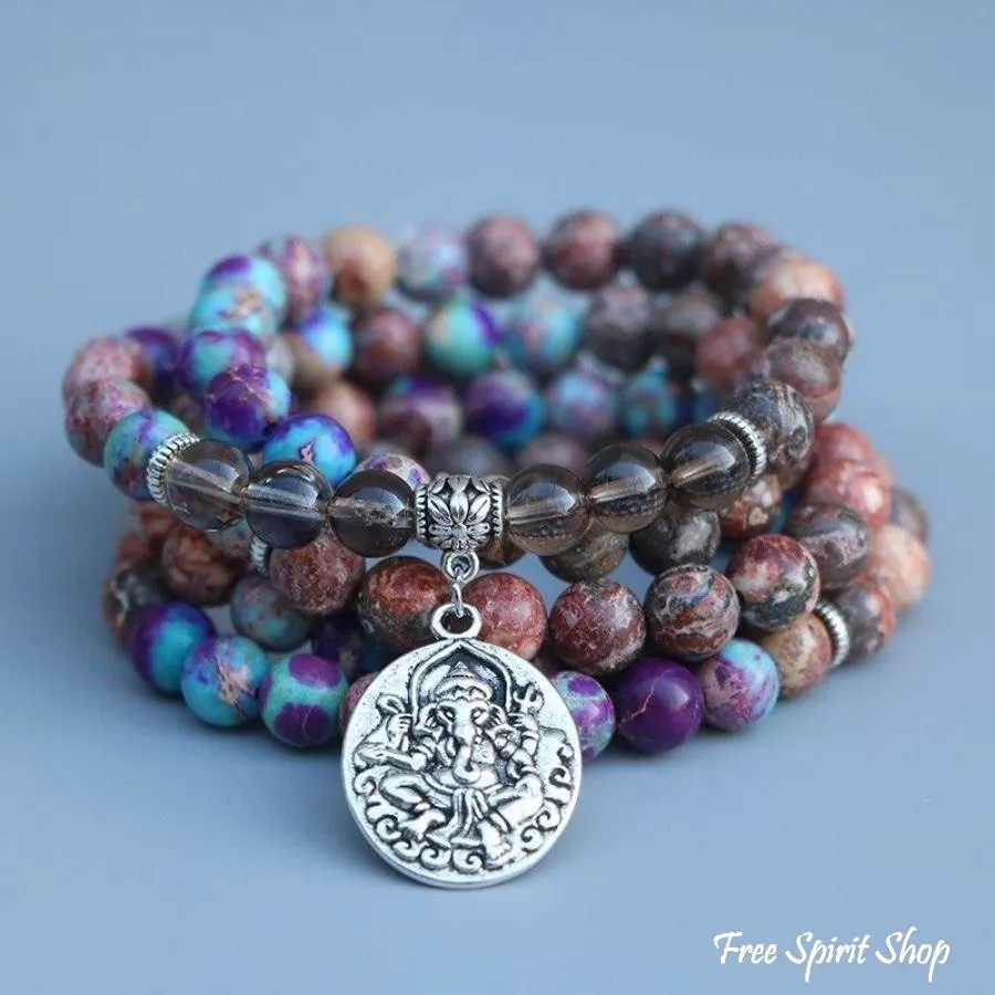 Natural Purple Jasper & Smokey Quartz Ganesha Mala Bead Bracelet