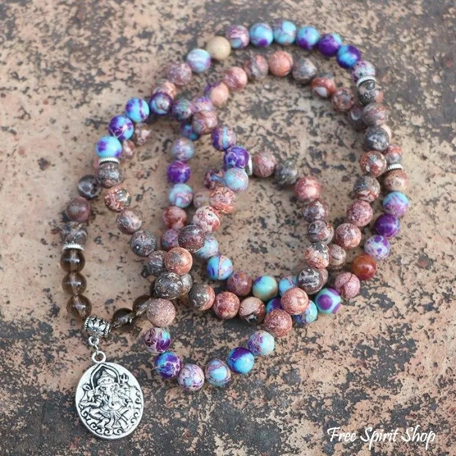 Natural Purple Jasper & Smokey Quartz Ganesha Mala Bead Bracelet