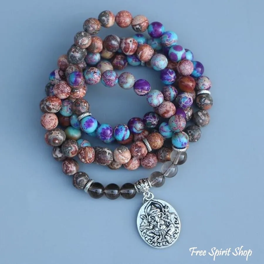 Natural Purple Jasper & Smokey Quartz Ganesha Mala Bead Bracelet