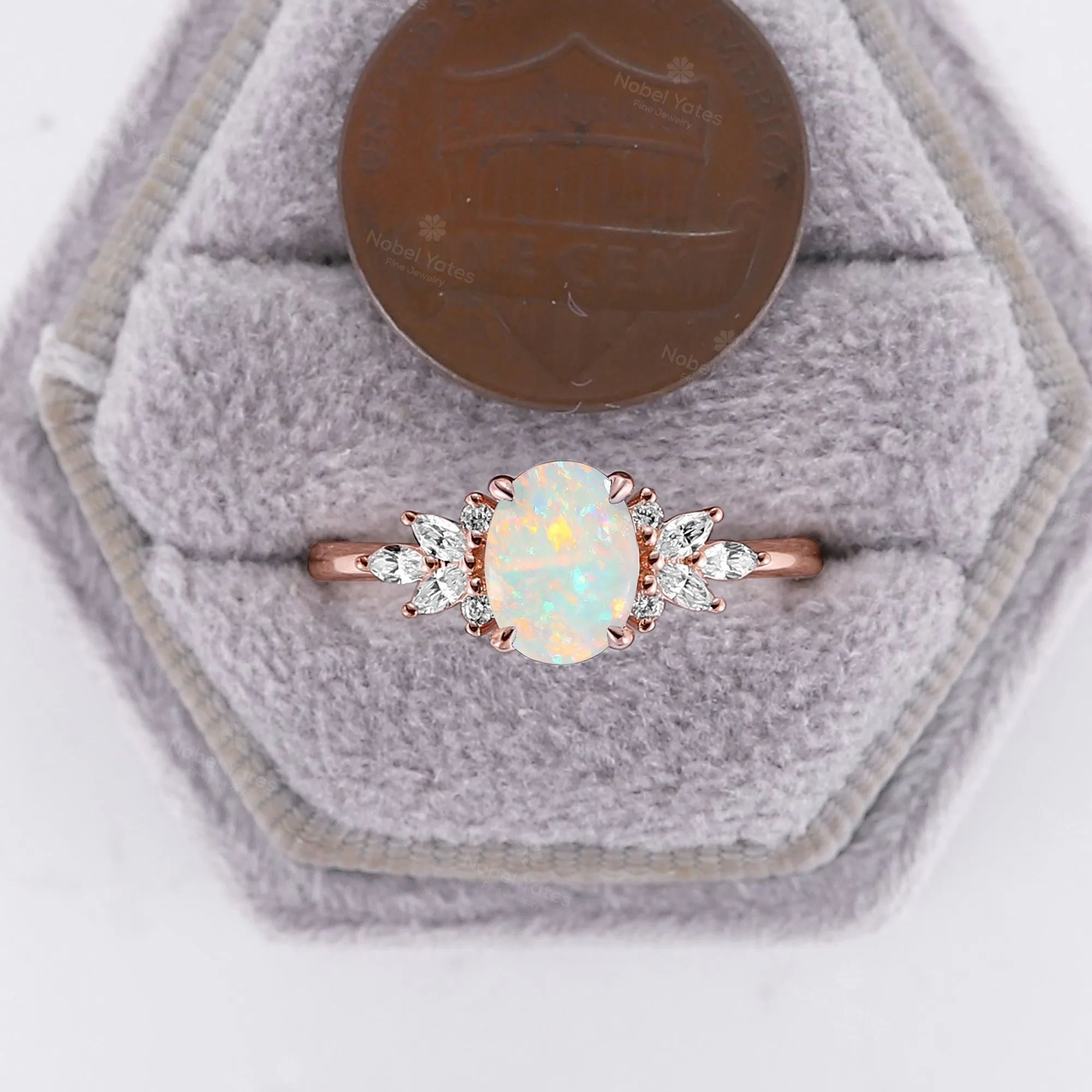 Natural White Opal Marquise Moissanite Cluster Engagement Ring Oval Cut