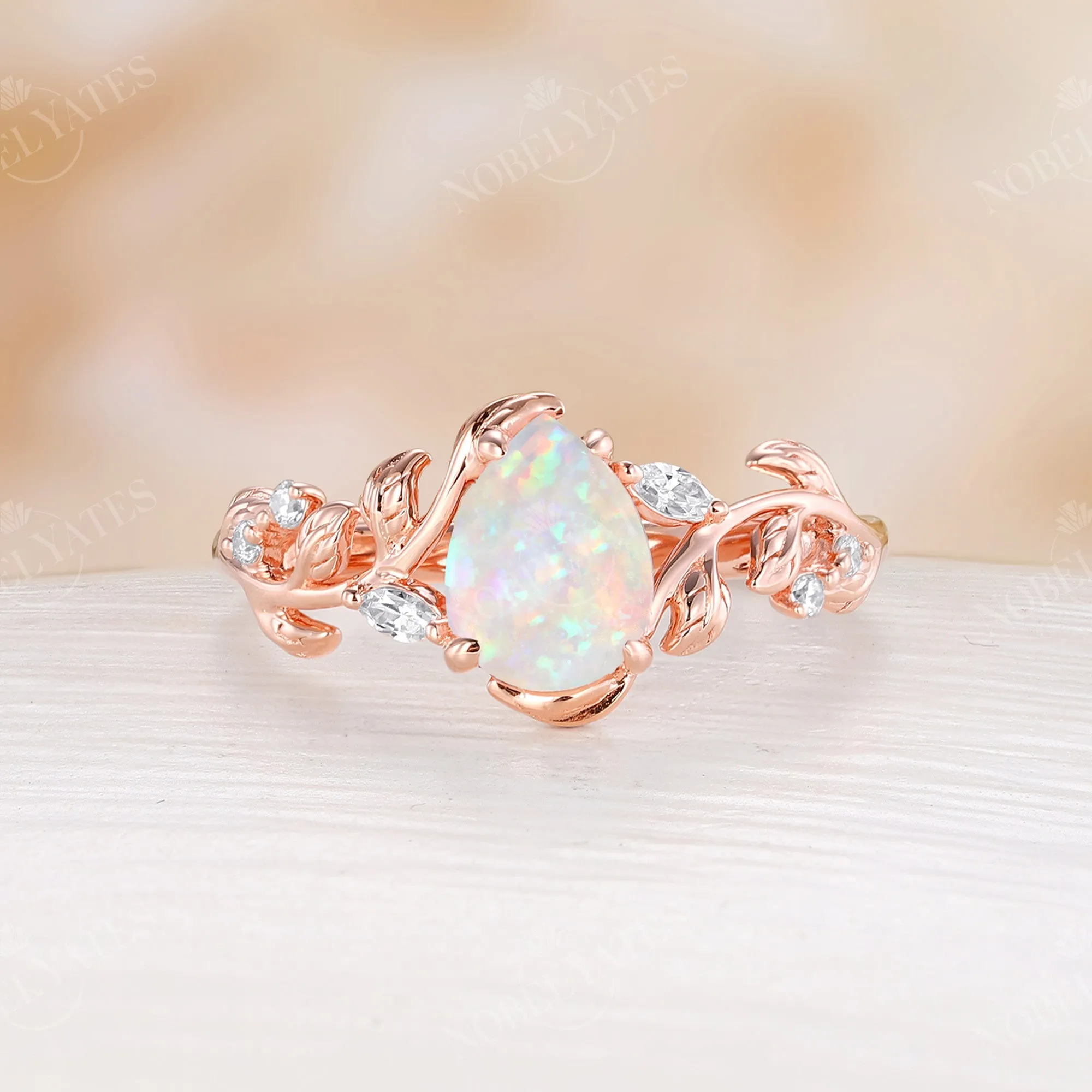 Natural White Opal Pear Cut Engagement Ring Leaf And Moissanite Band