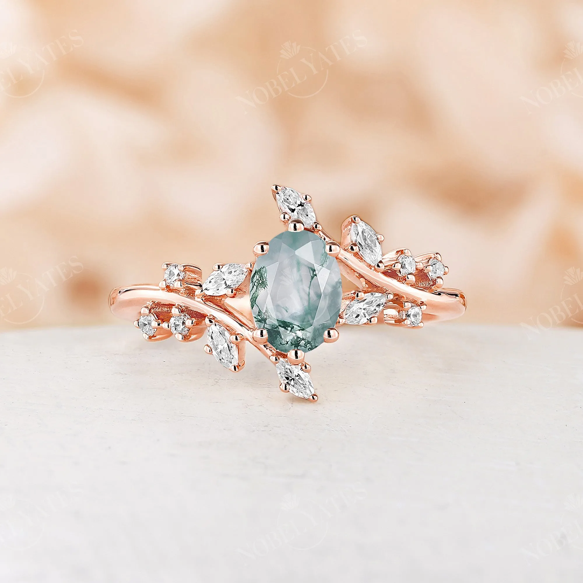 Nature Inspired Branch Engagement Ring Oval White Opal Rose Gold