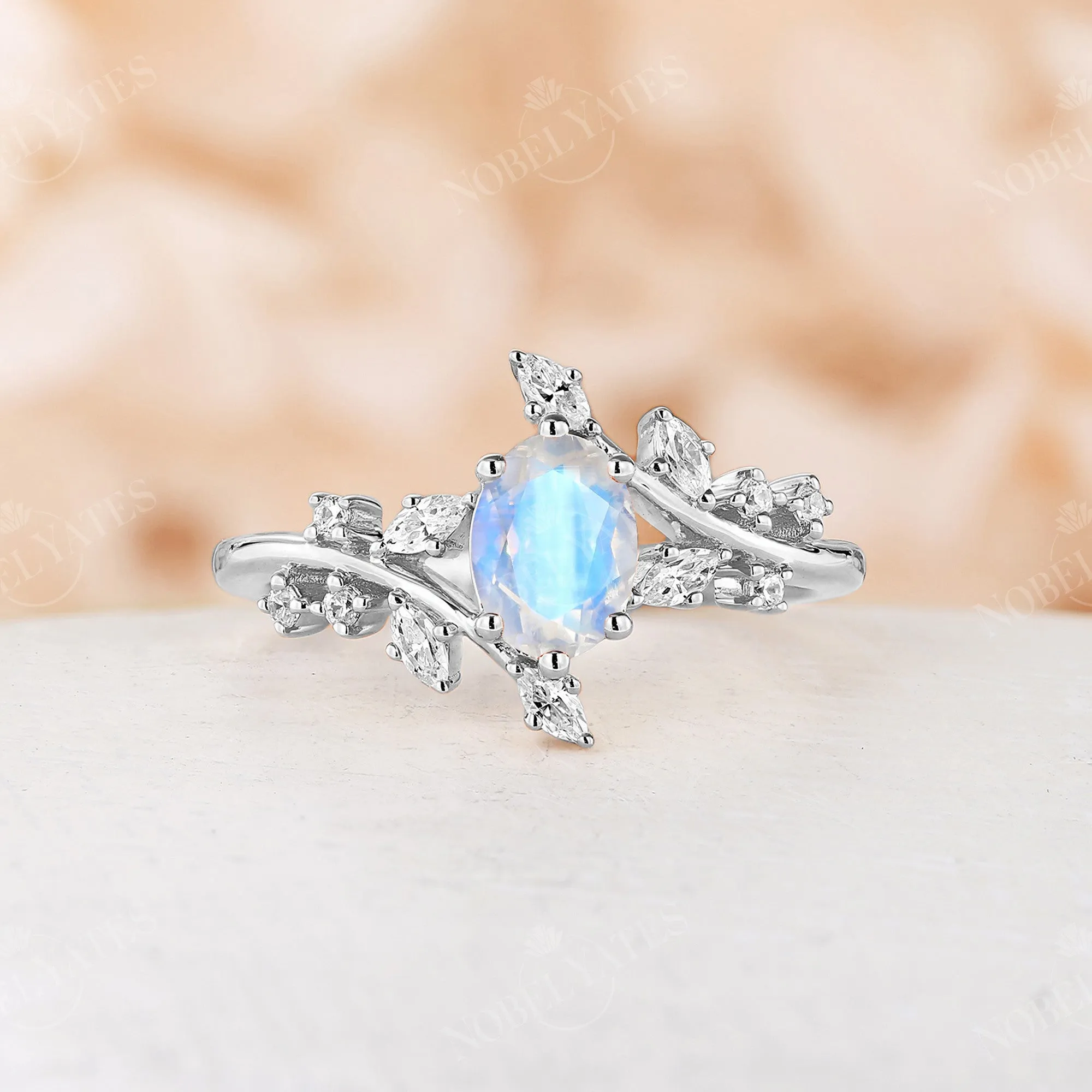 Nature Inspired Branch Engagement Ring Oval White Opal Rose Gold