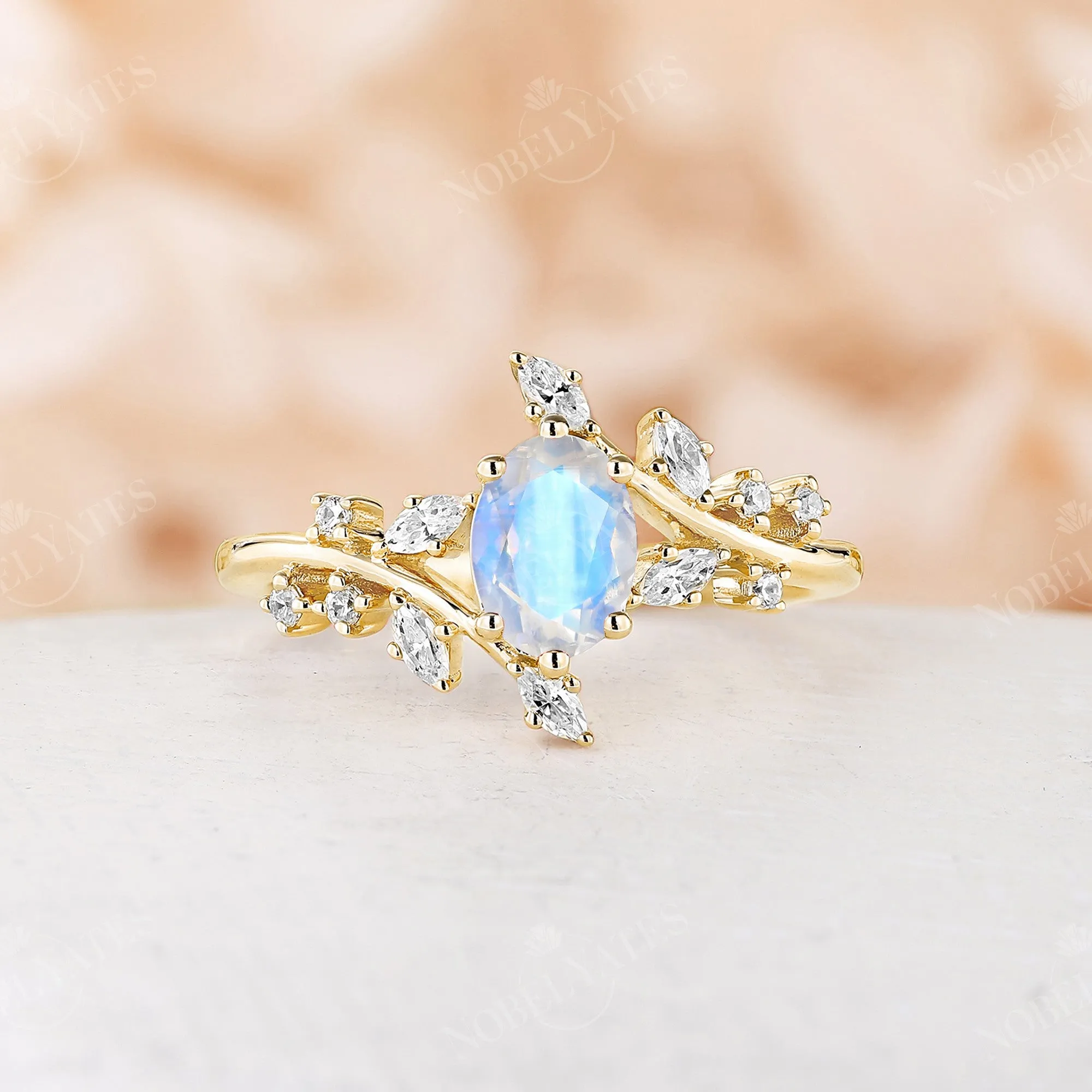 Nature Inspired Branch Engagement Ring Oval White Opal Rose Gold