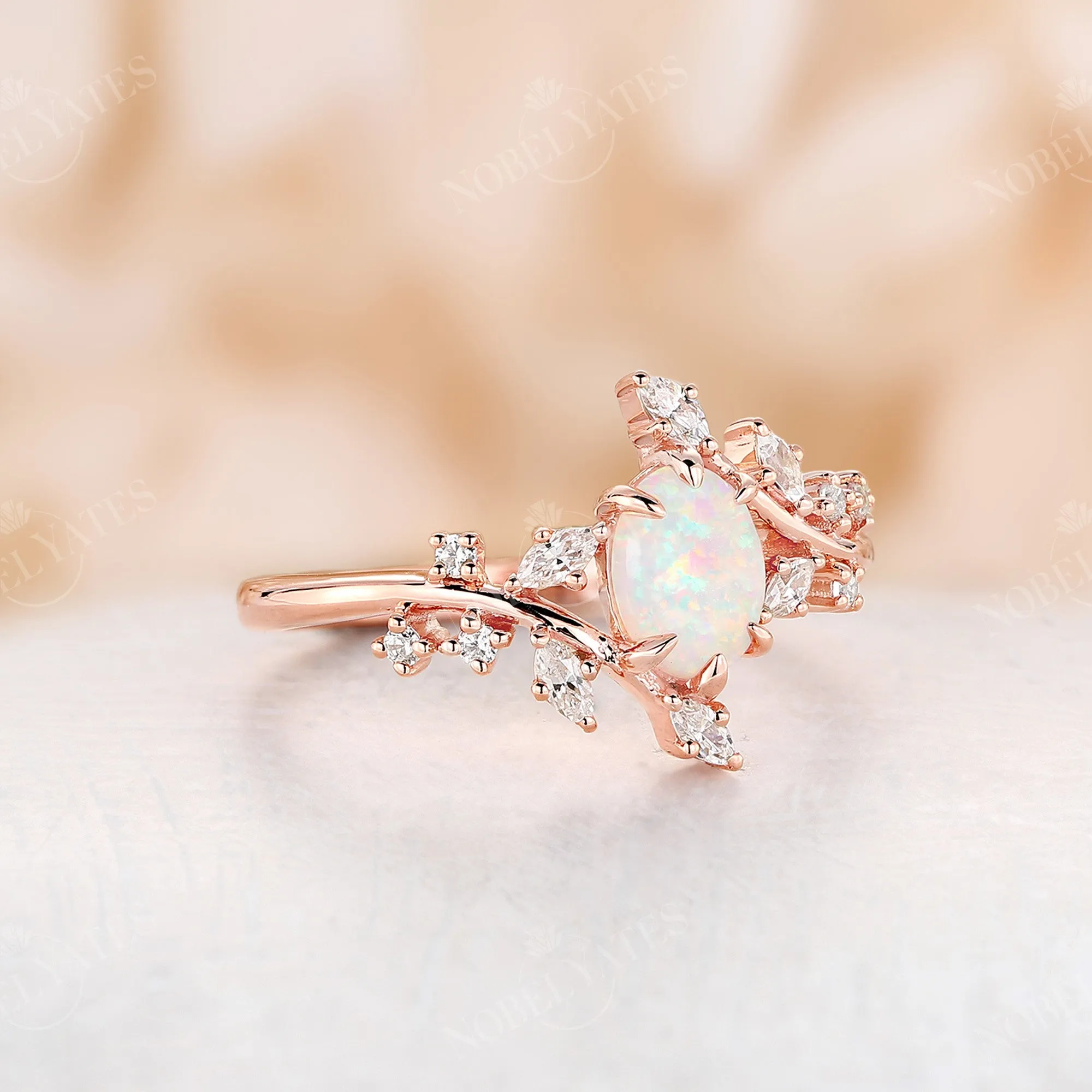 Nature Inspired Branch Engagement Ring Oval White Opal Rose Gold