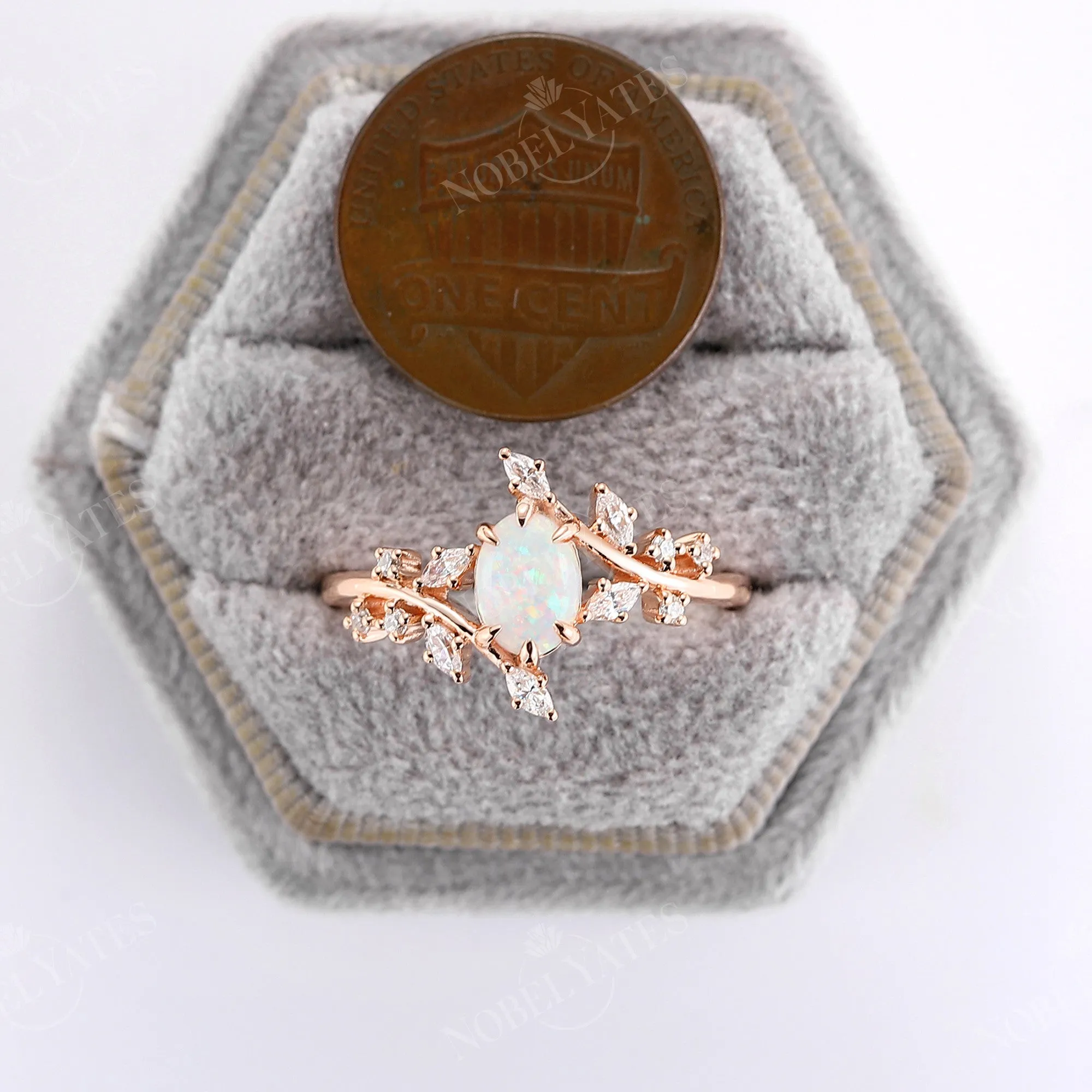 Nature Inspired Branch Engagement Ring Oval White Opal Rose Gold