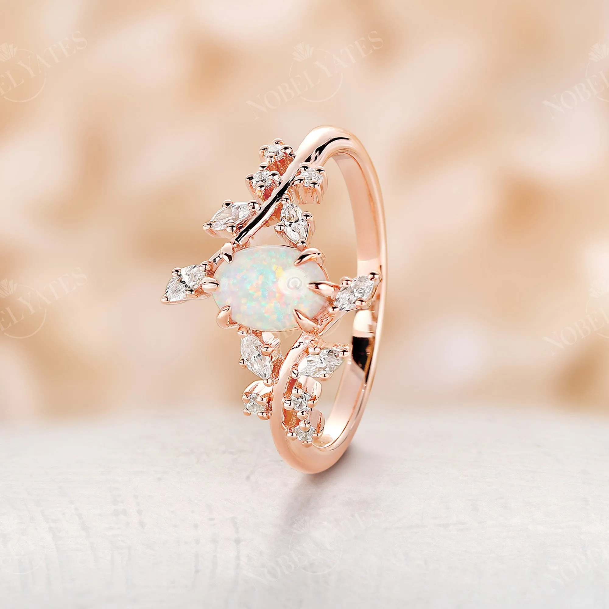 Nature Inspired Branch Engagement Ring Oval White Opal Rose Gold