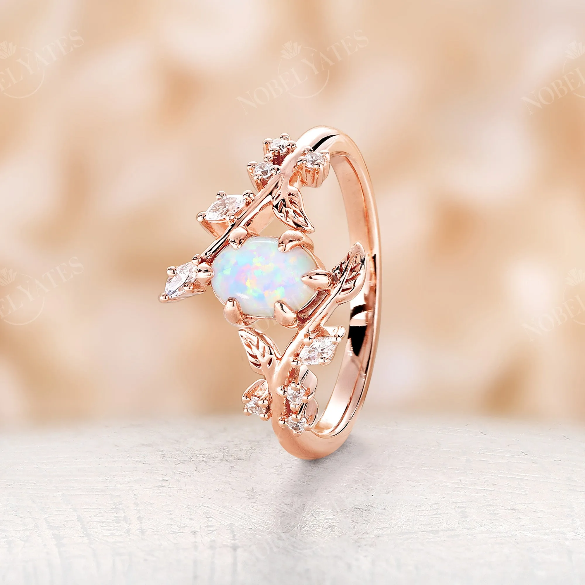 Nature Inspired Oval Lab Opal Branch Leaf Engagement Ring Rose Gold