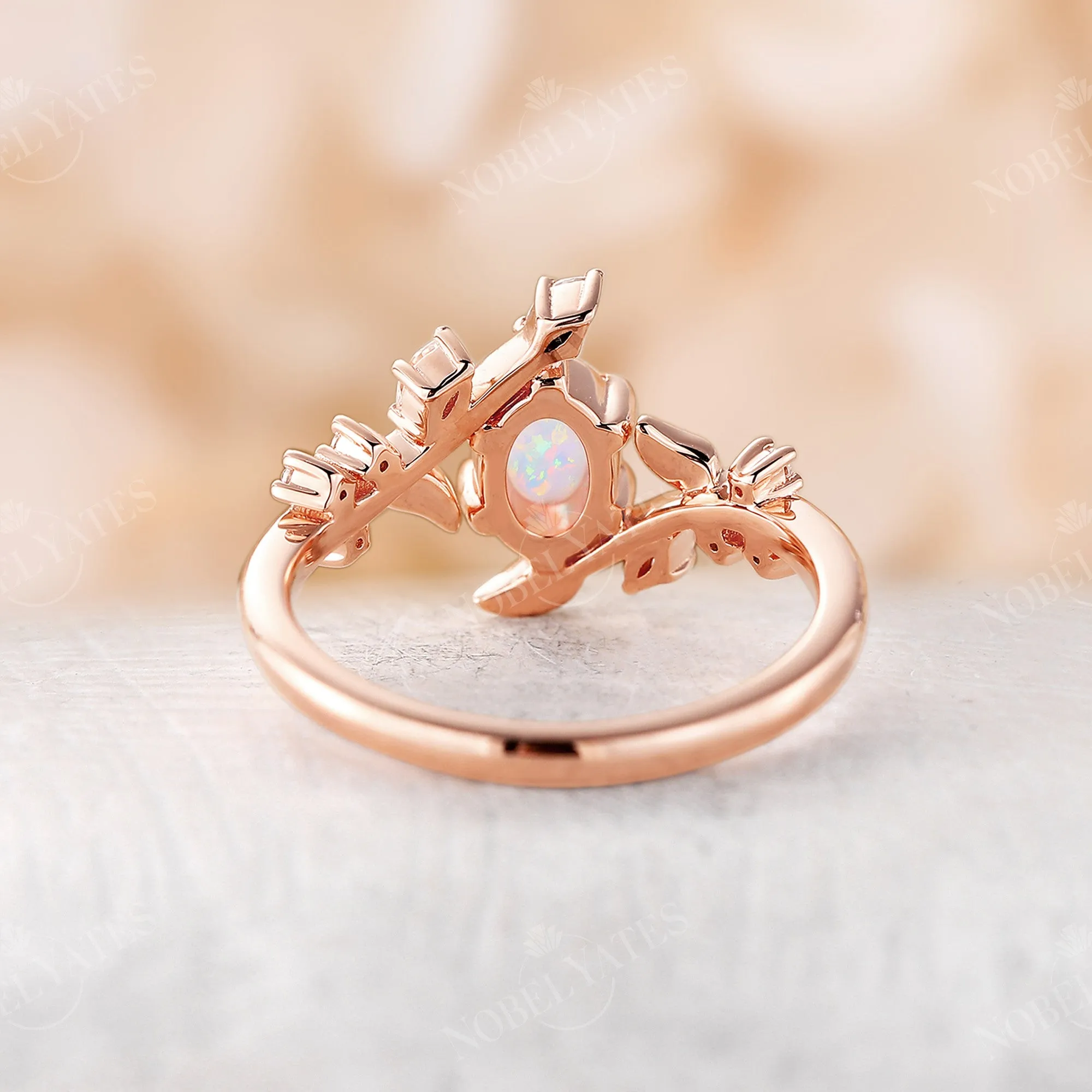 Nature Inspired Oval Lab Opal Branch Leaf Engagement Ring Rose Gold