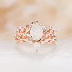 Nature Inspired White Opal Bridal Set Branch Matching Band Rose Gold