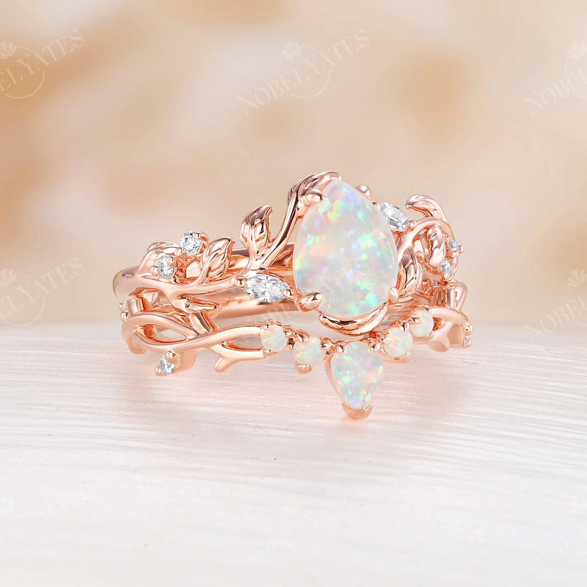 Nature Inspired White Opal Bridal Set Branch Matching Band Rose Gold