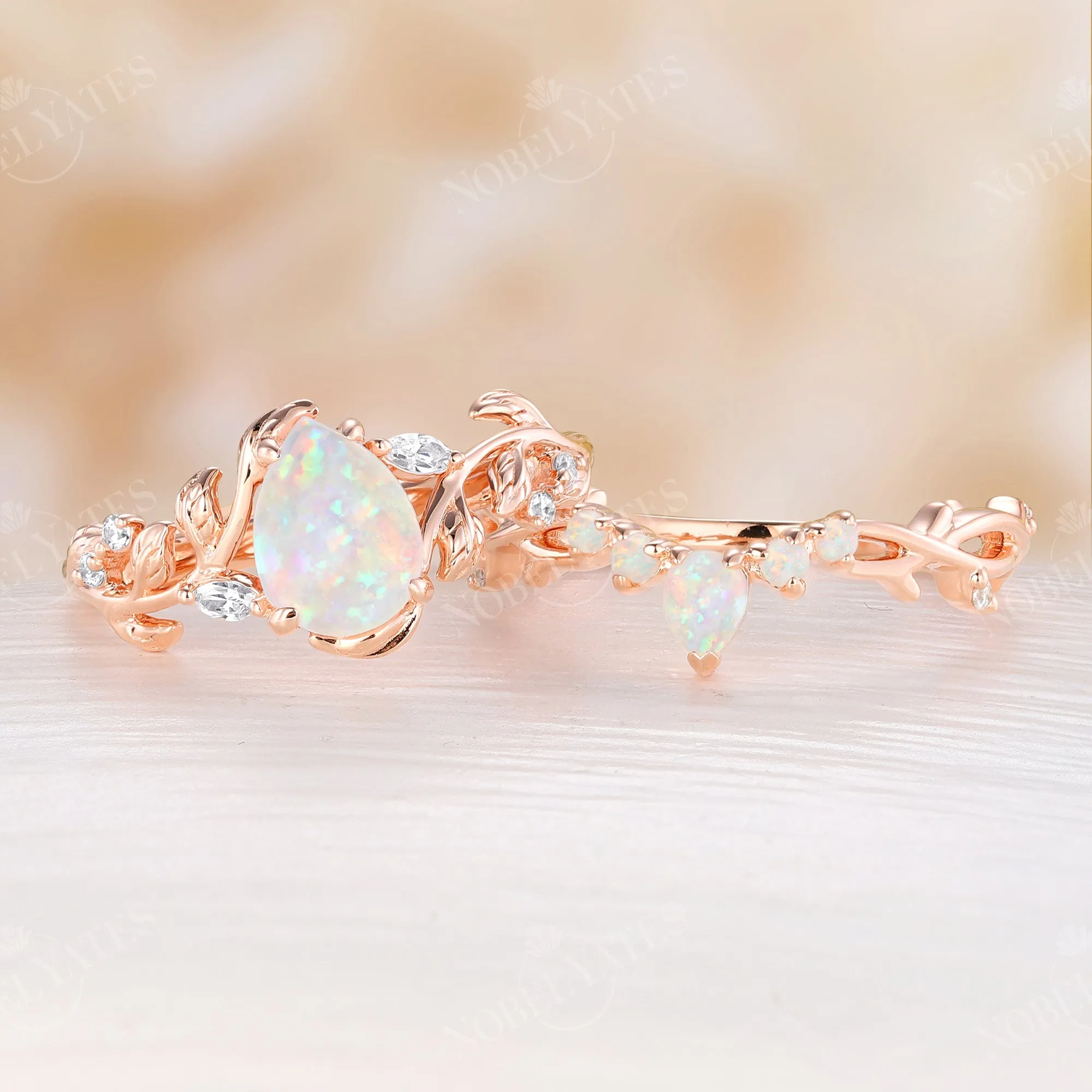 Nature Inspired White Opal Bridal Set Branch Matching Band Rose Gold