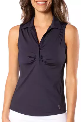 Navy Sleeveless Ruched Polo