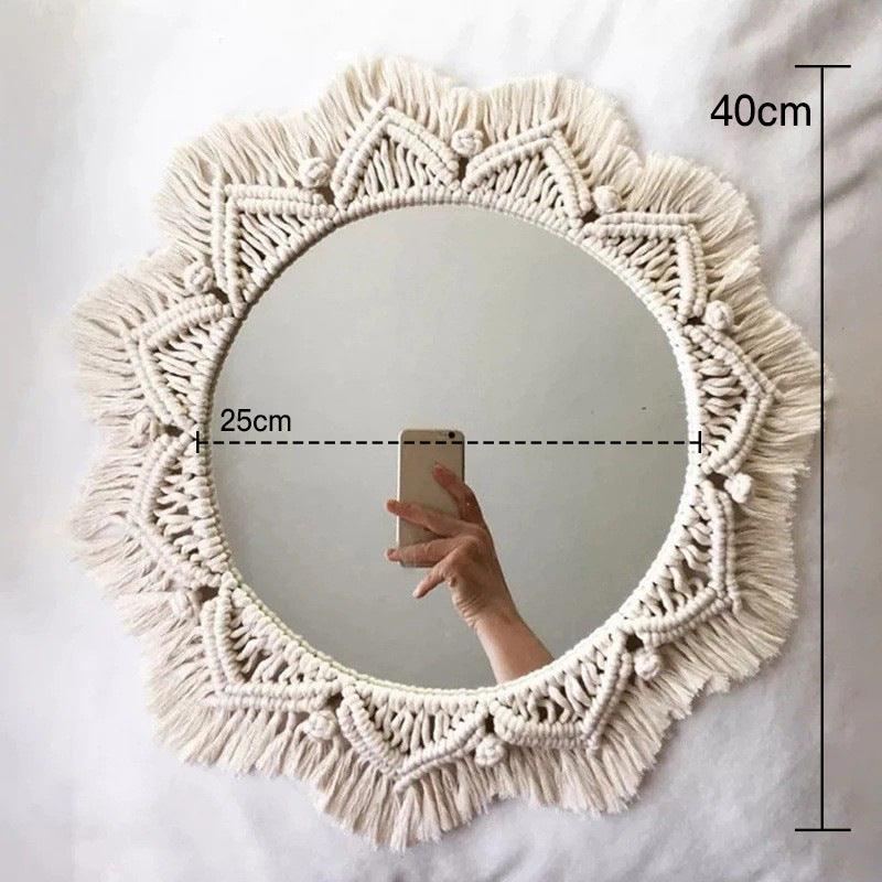 Nordic Mirror Weaving Handmade Cotton Thread Wood Bead Tapestry