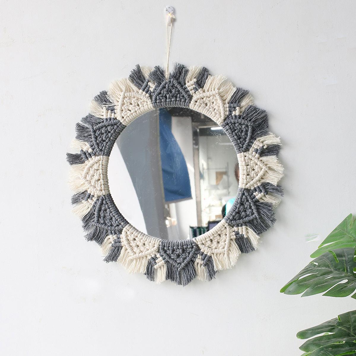 Nordic Mirror Weaving Handmade Cotton Thread Wood Bead Tapestry