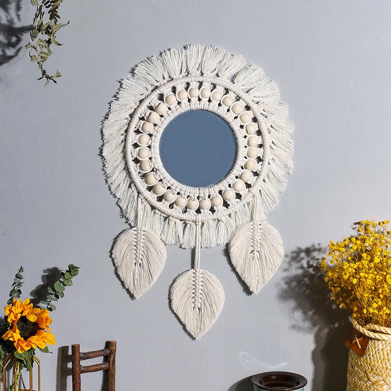 Nordic Mirror Weaving Handmade Cotton Thread Wood Bead Tapestry