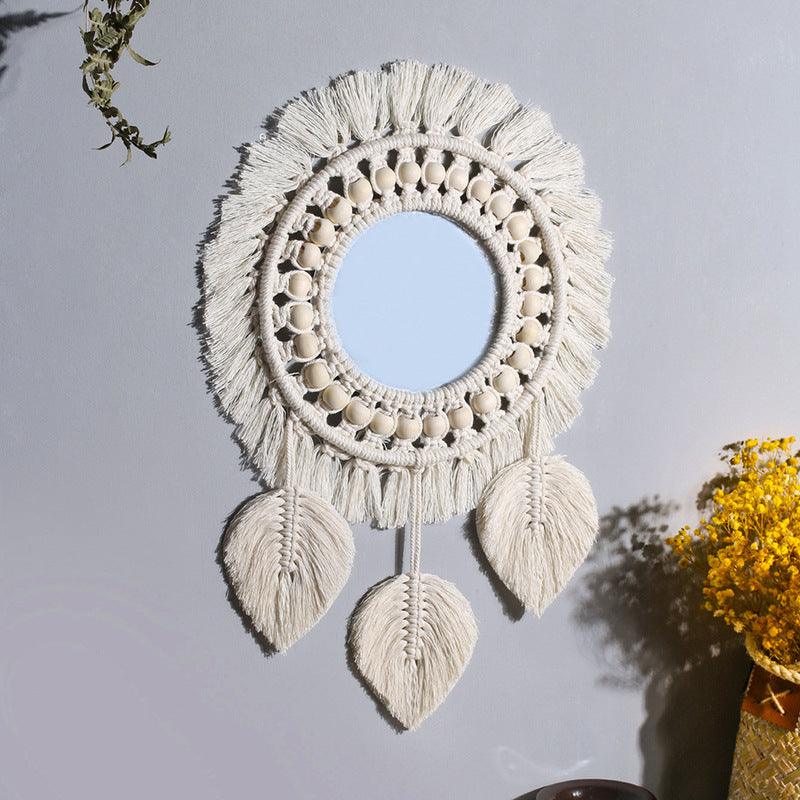 Nordic Mirror Weaving Handmade Cotton Thread Wood Bead Tapestry