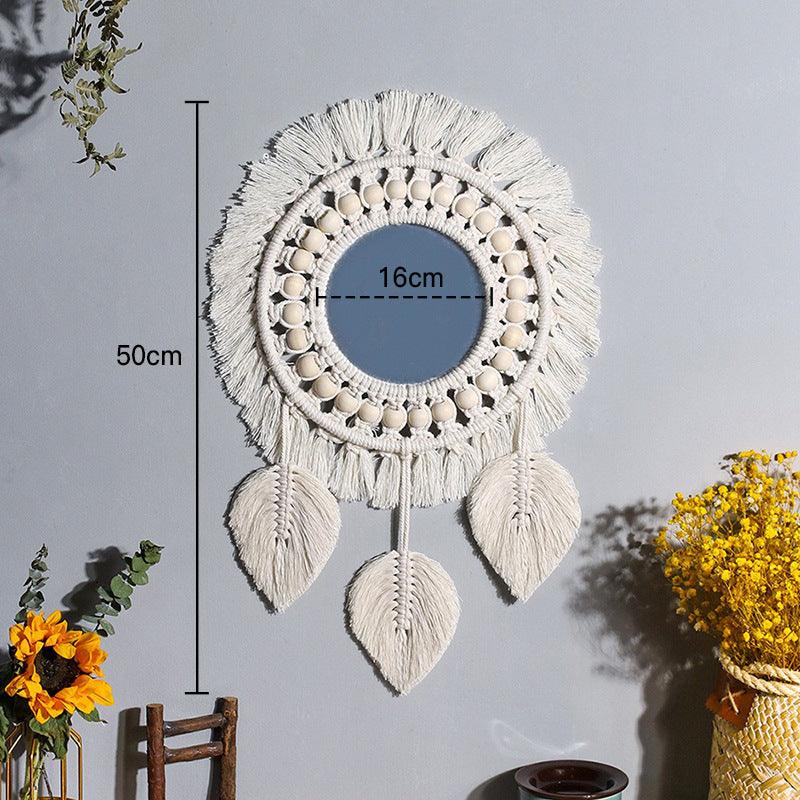 Nordic Mirror Weaving Handmade Cotton Thread Wood Bead Tapestry