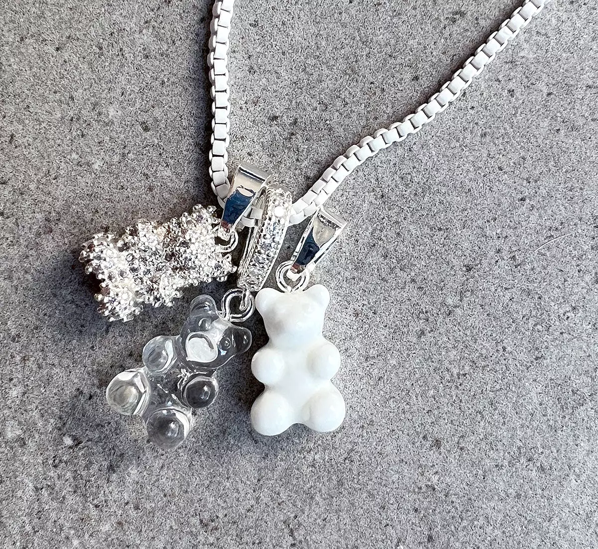 Nostalgia Bear Translucent Pendant, Pave Silver Connector