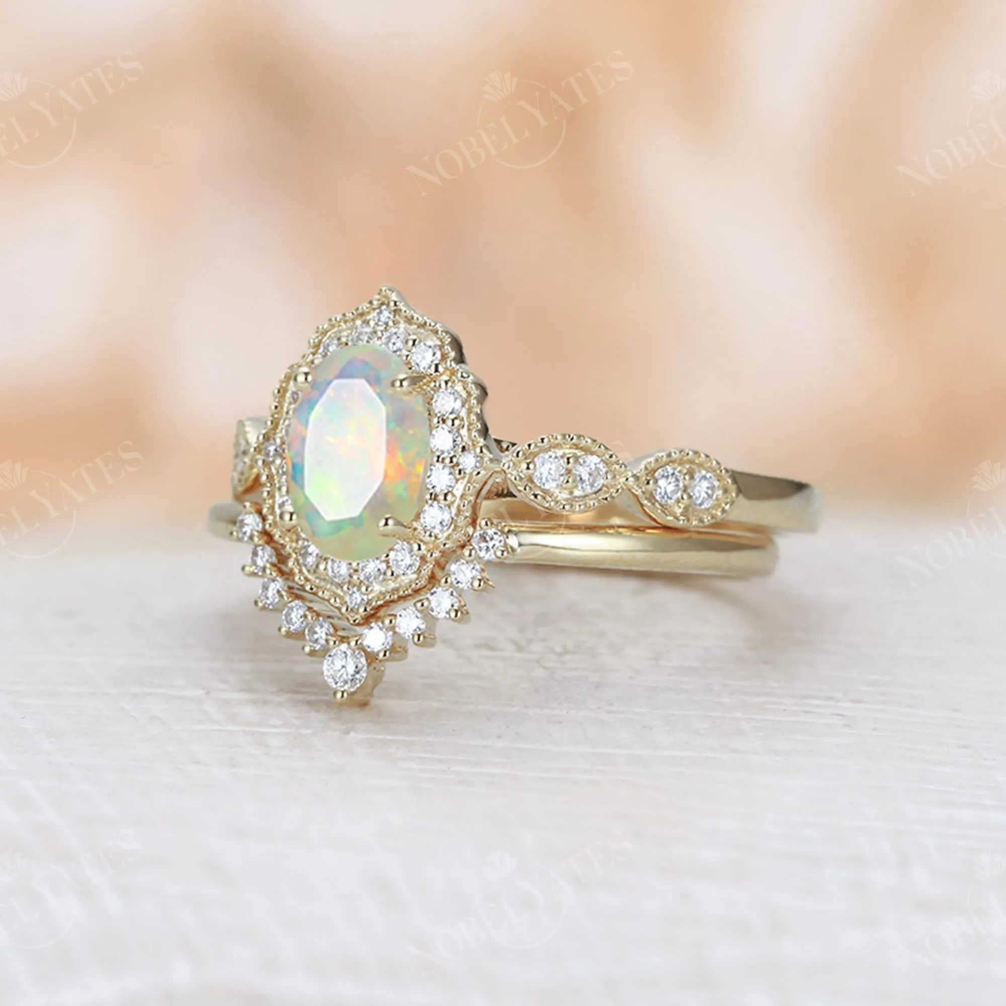 Oval Faceted Opal Milgrain Halo Bridal Set Yellow Gold