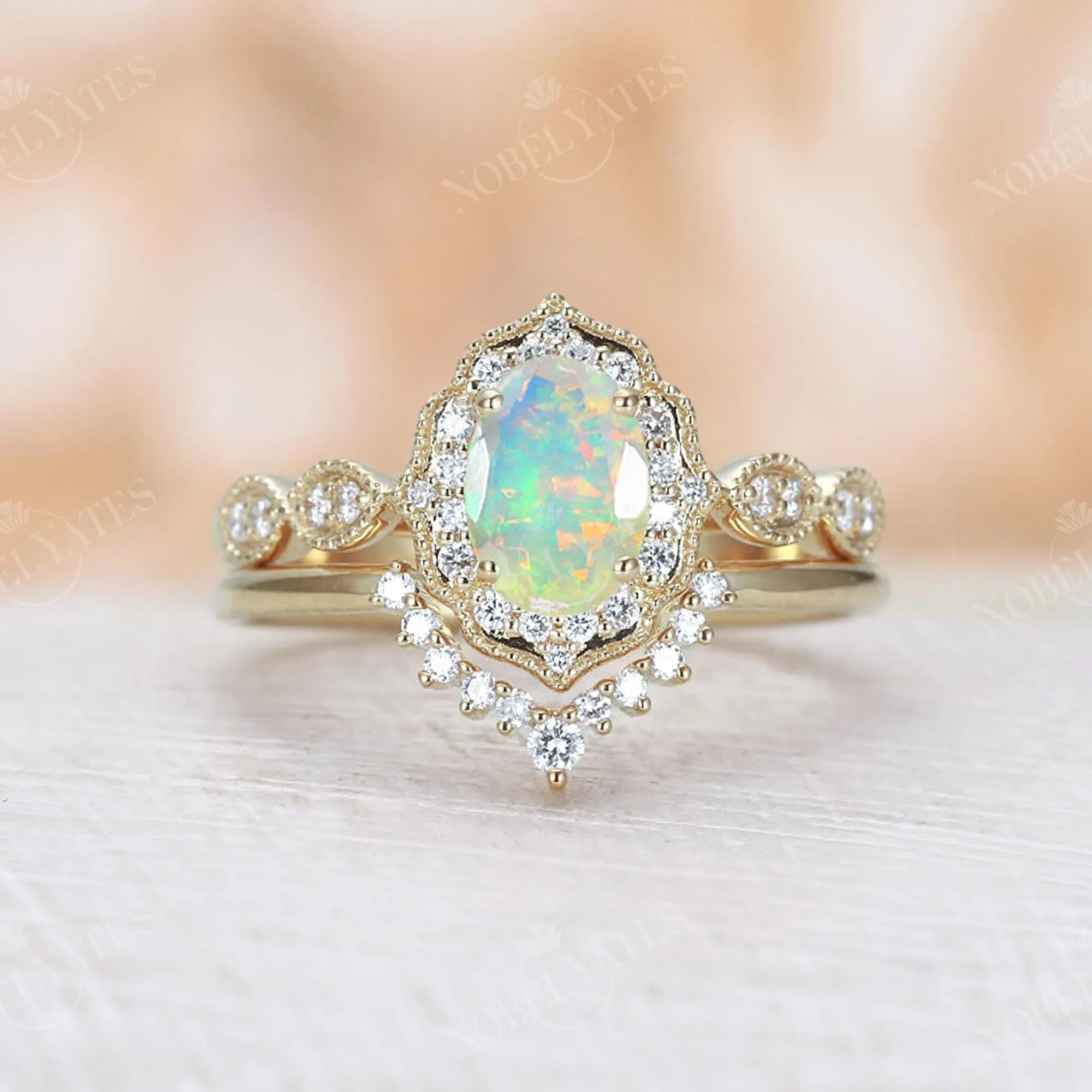 Oval Faceted Opal Milgrain Halo Bridal Set Yellow Gold