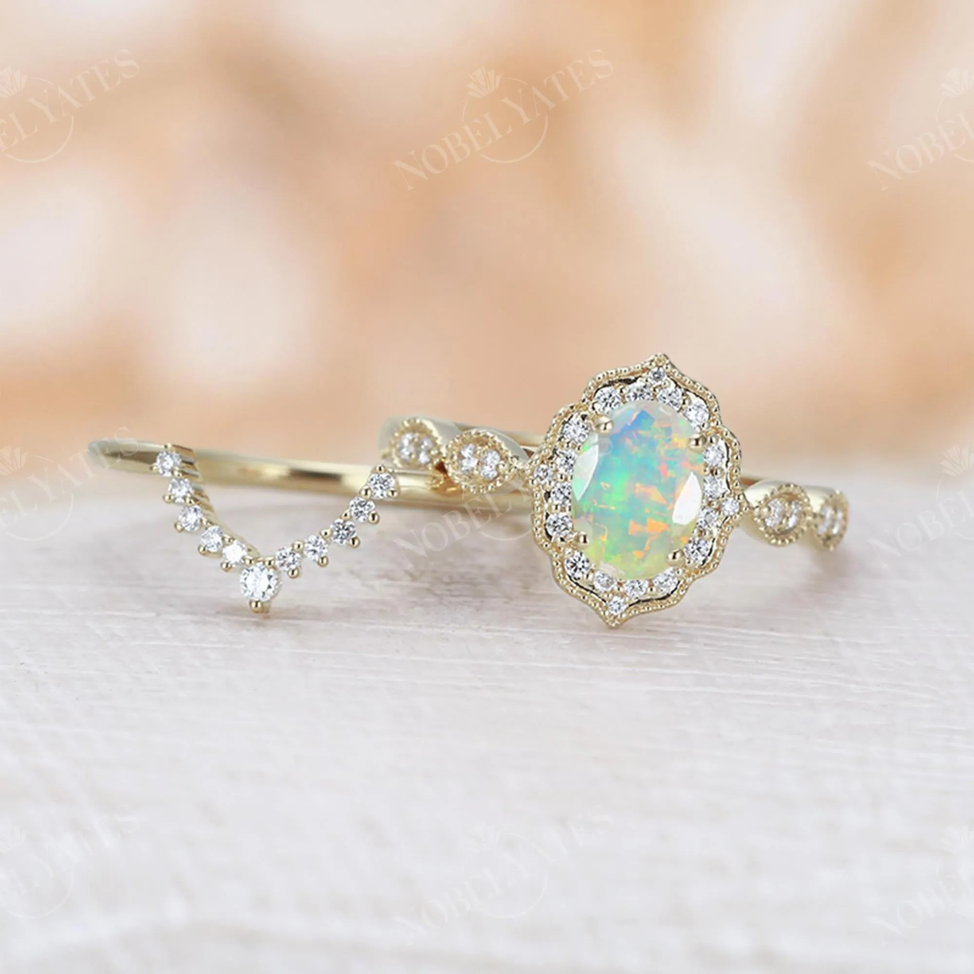 Oval Faceted Opal Milgrain Halo Bridal Set Yellow Gold