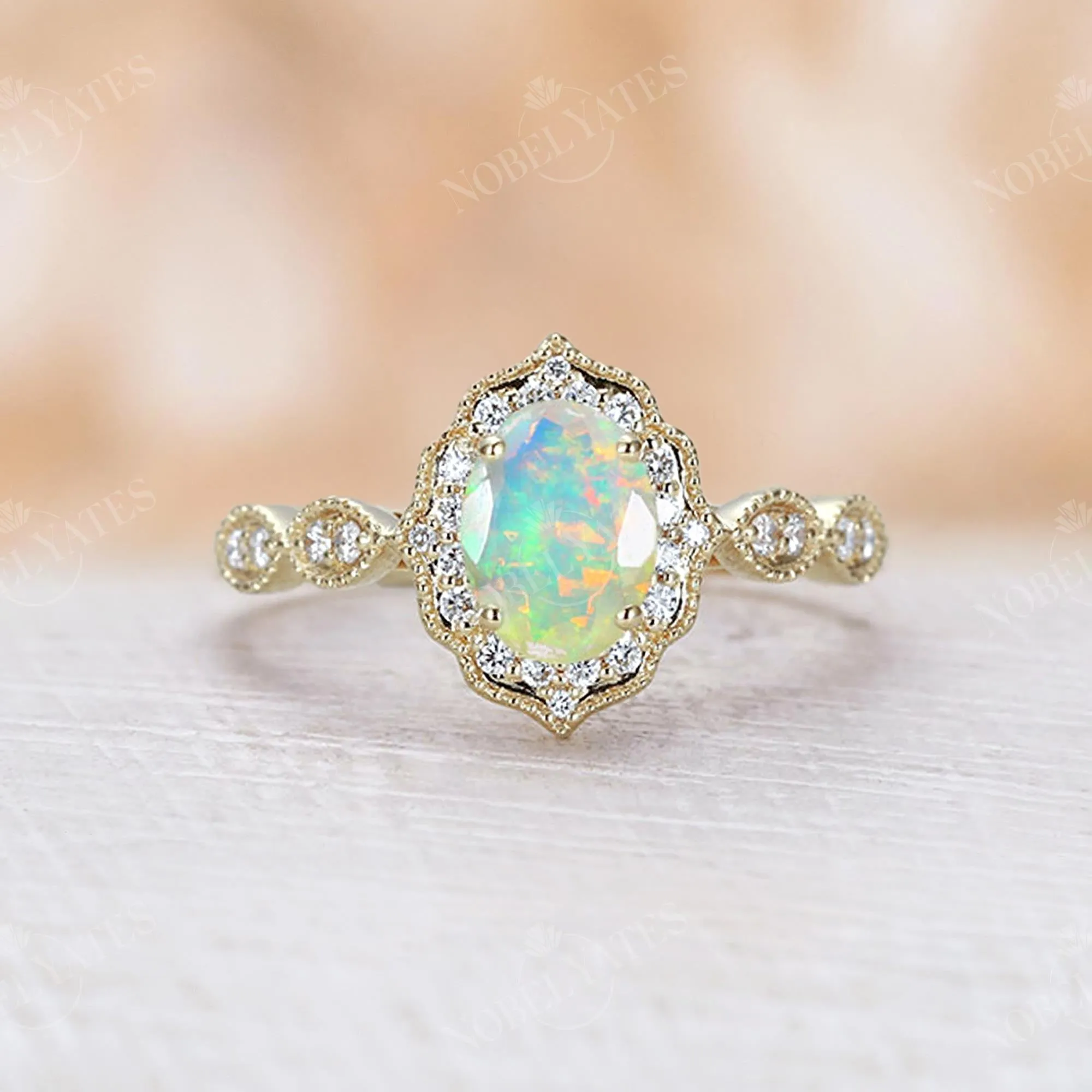 Oval Faceted Opal Milgrain Halo Bridal Set Yellow Gold