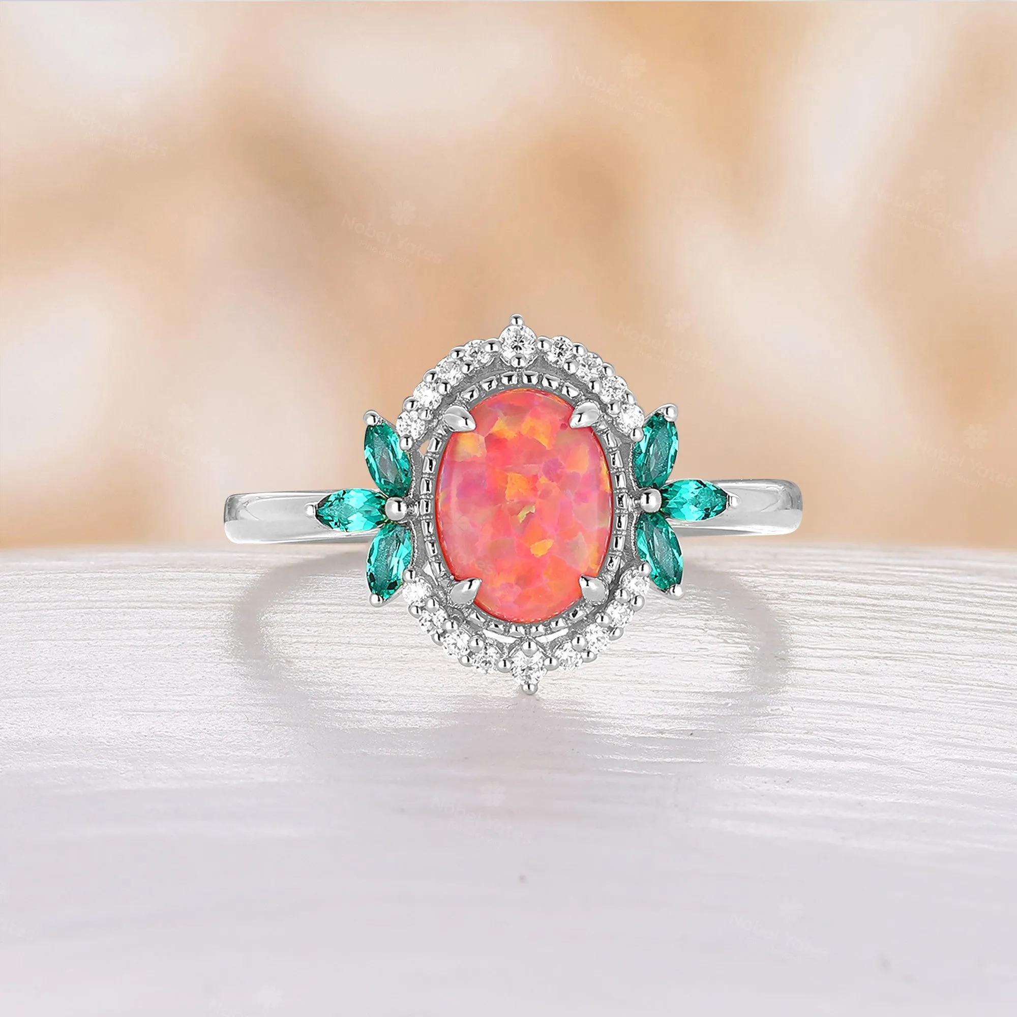 Oval Lab Opal Milgrain Rose Gold Engagement Ring Marquise Emerald