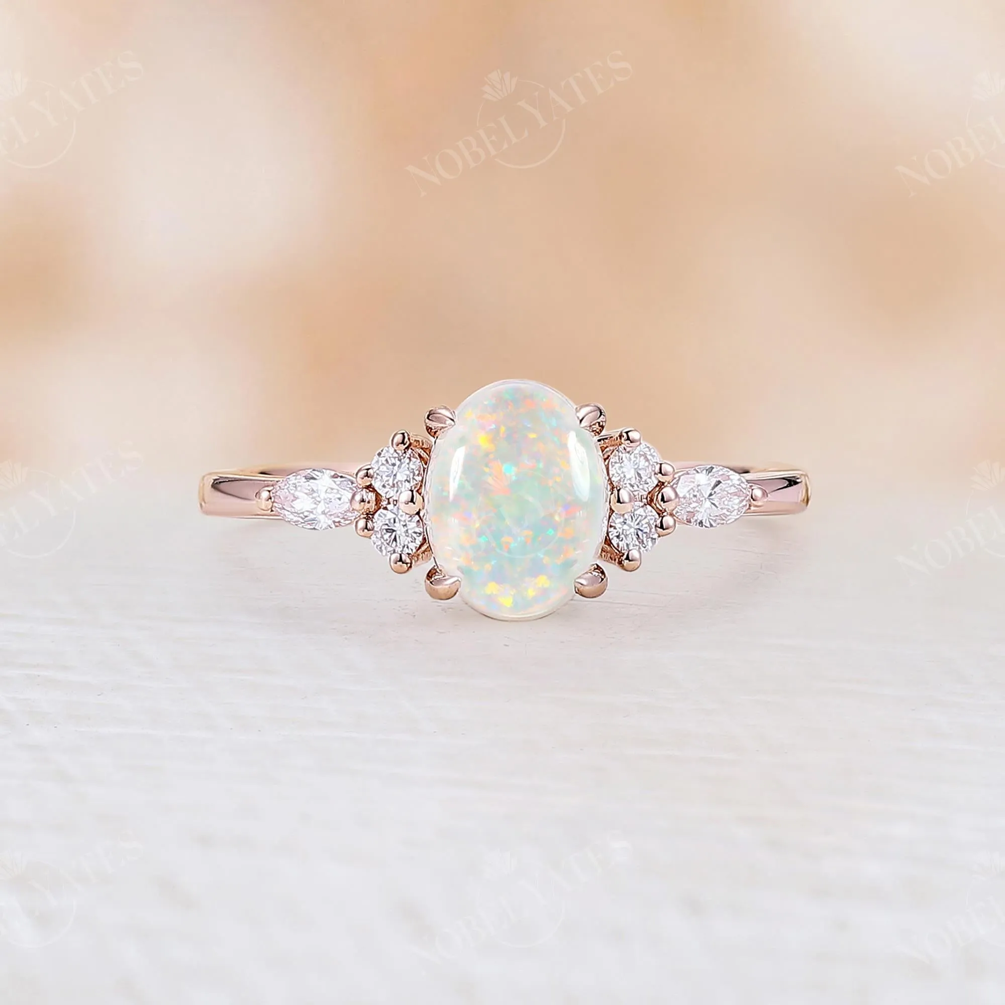 Oval White Opal Side Stone Engagement Ring Rose Gold