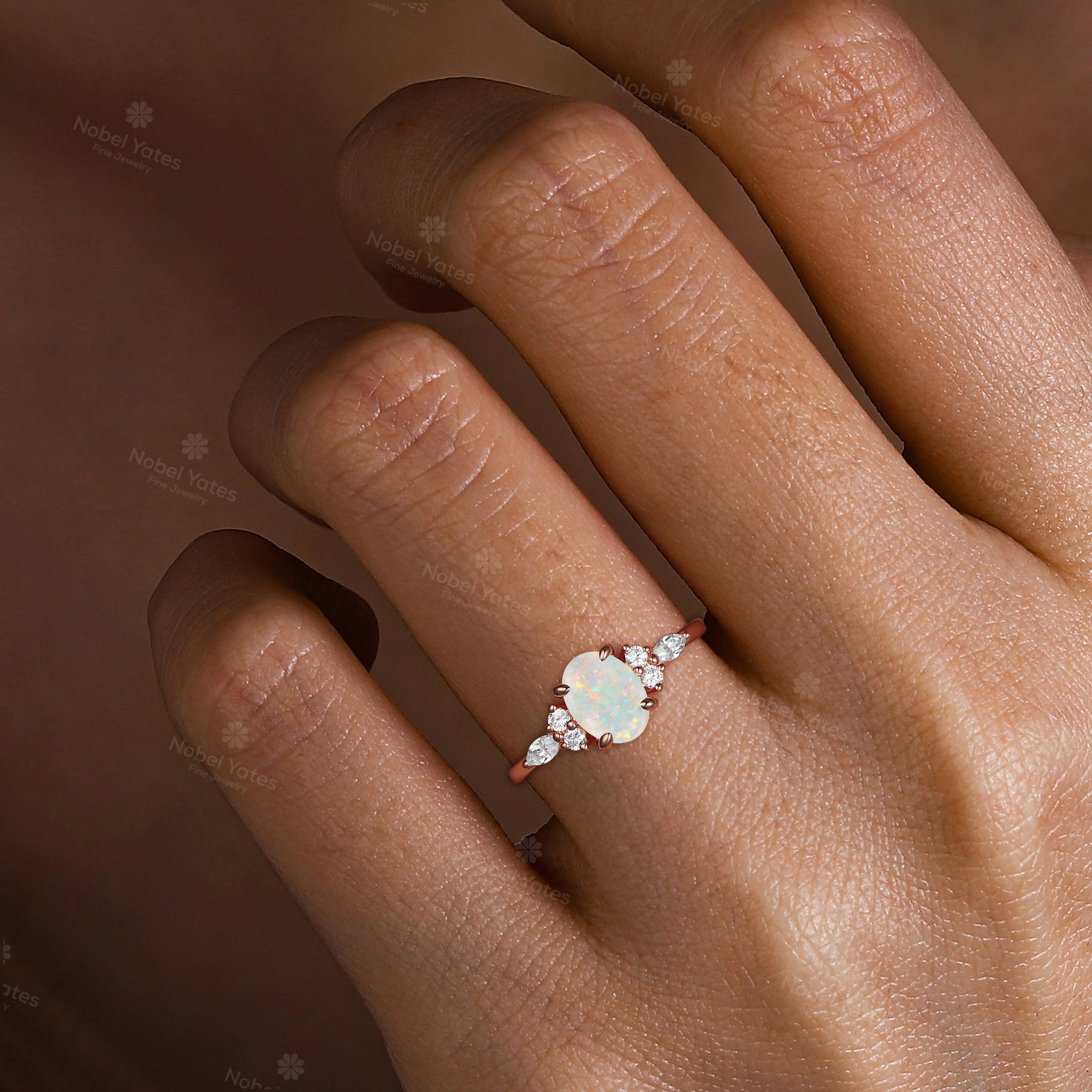 Oval White Opal Side Stone Engagement Ring Rose Gold