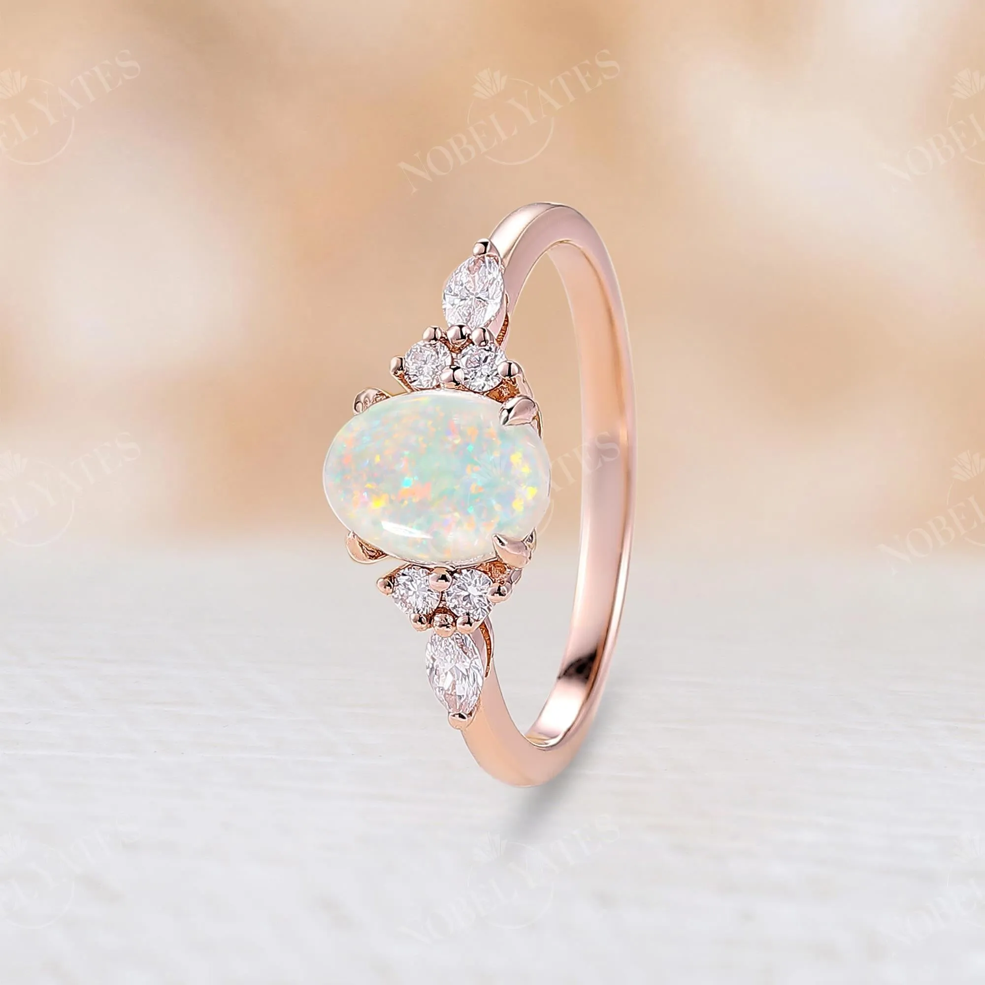 Oval White Opal Side Stone Engagement Ring Rose Gold