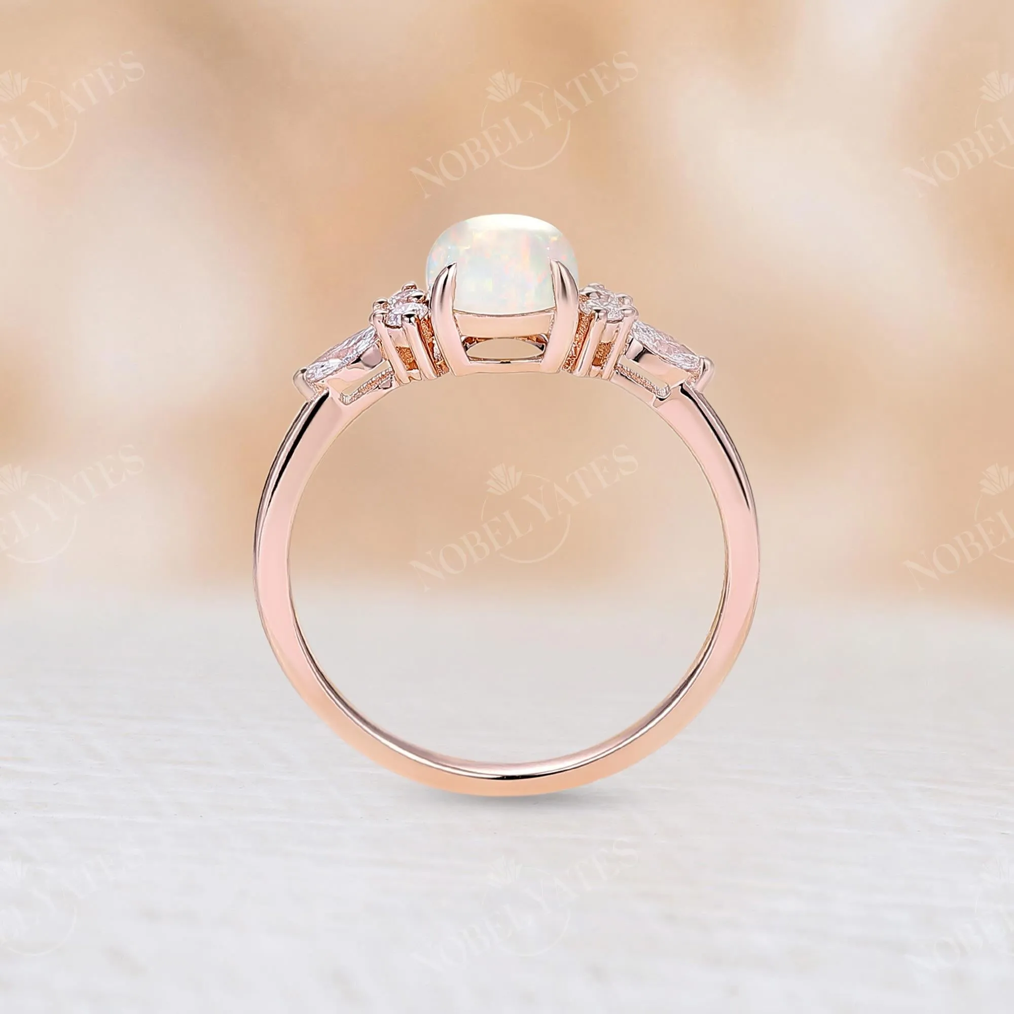 Oval White Opal Side Stone Engagement Ring Rose Gold