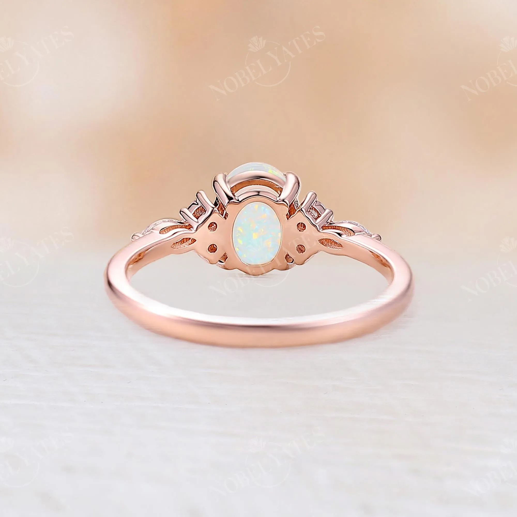 Oval White Opal Side Stone Engagement Ring Rose Gold