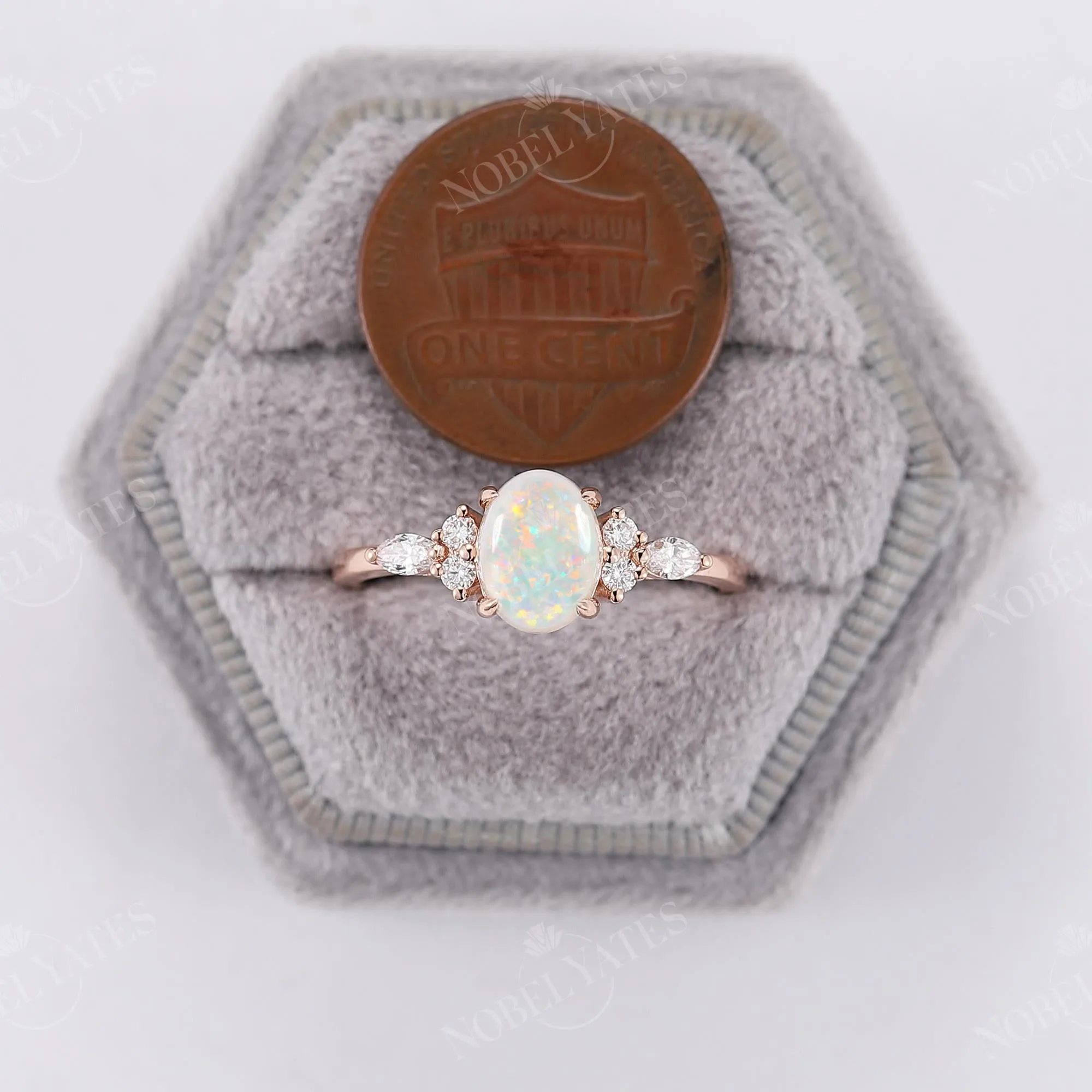 Oval White Opal Side Stone Engagement Ring Rose Gold