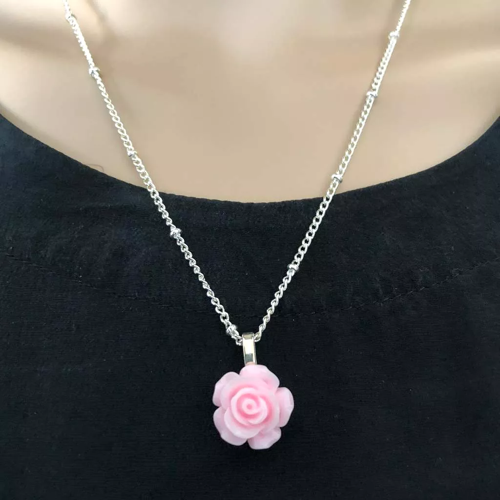 Pink Rose Flower Pendant Necklace