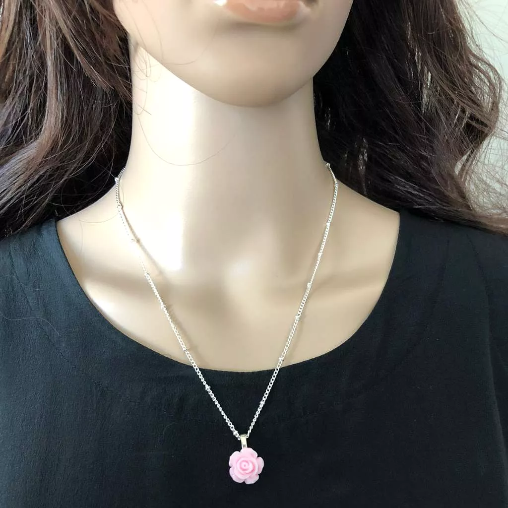 Pink Rose Flower Pendant Necklace