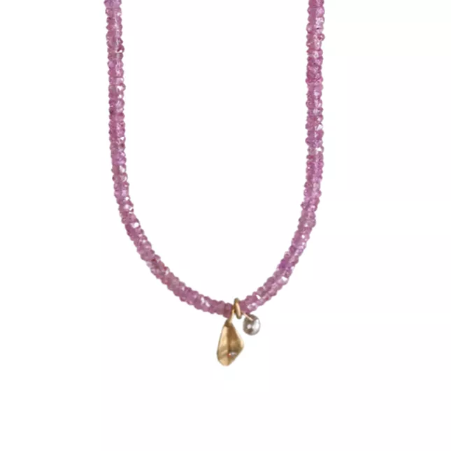 Pink Sapphire and Leaf Pendant Necklace