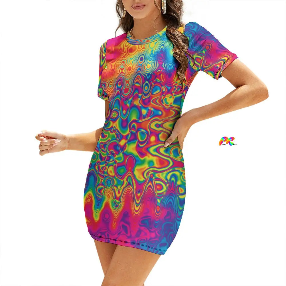 Radiant Hue Short Sleeve Rave Mini Dress