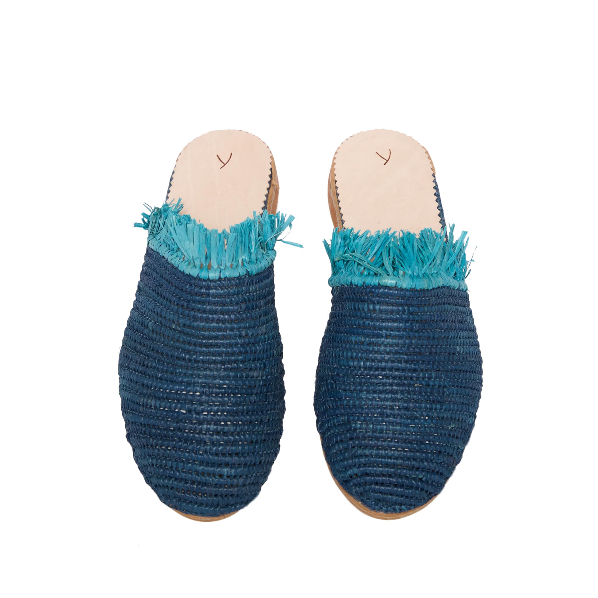 Raffia Slippers with Fringes in Blue, Turquoise