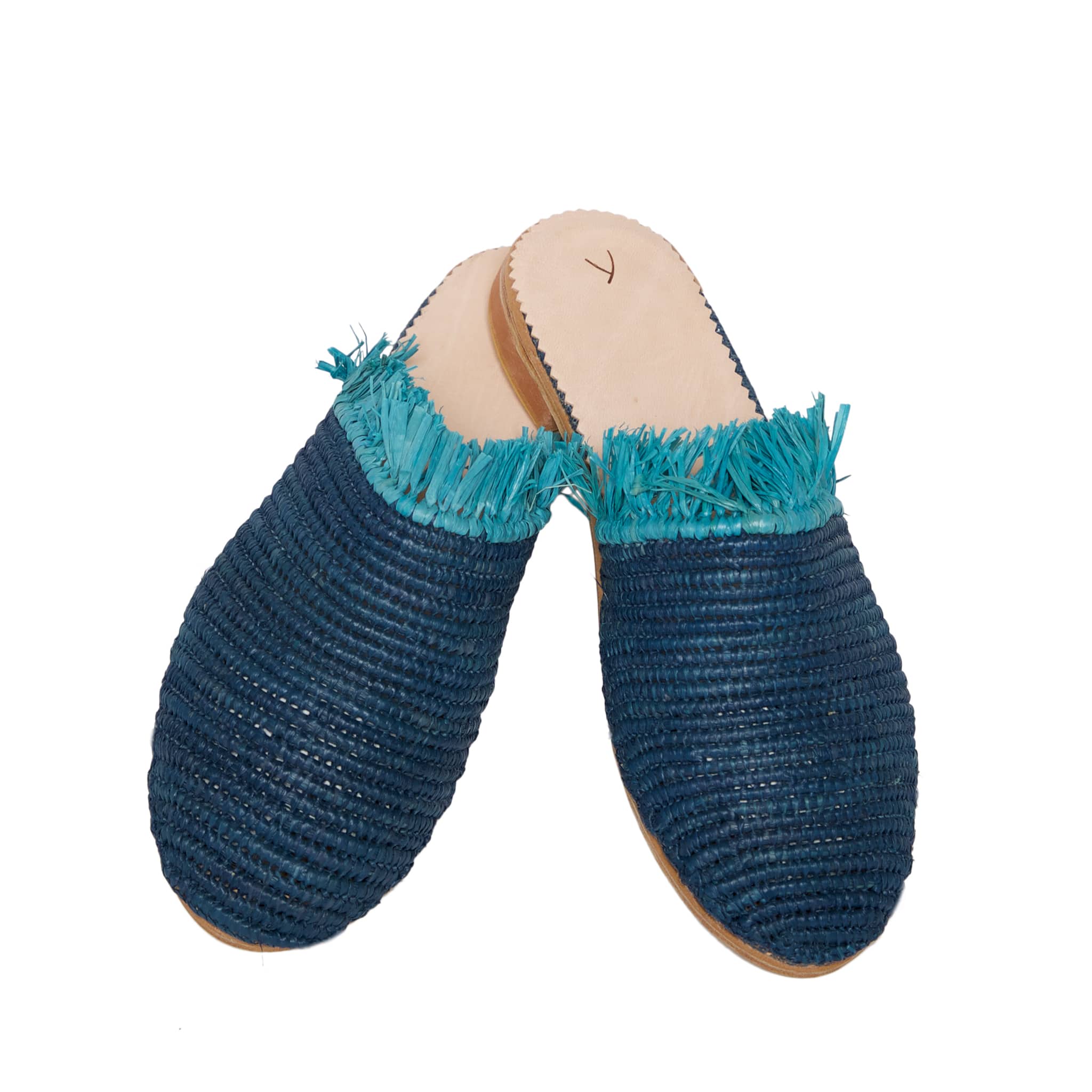 Raffia Slippers with Fringes in Blue, Turquoise