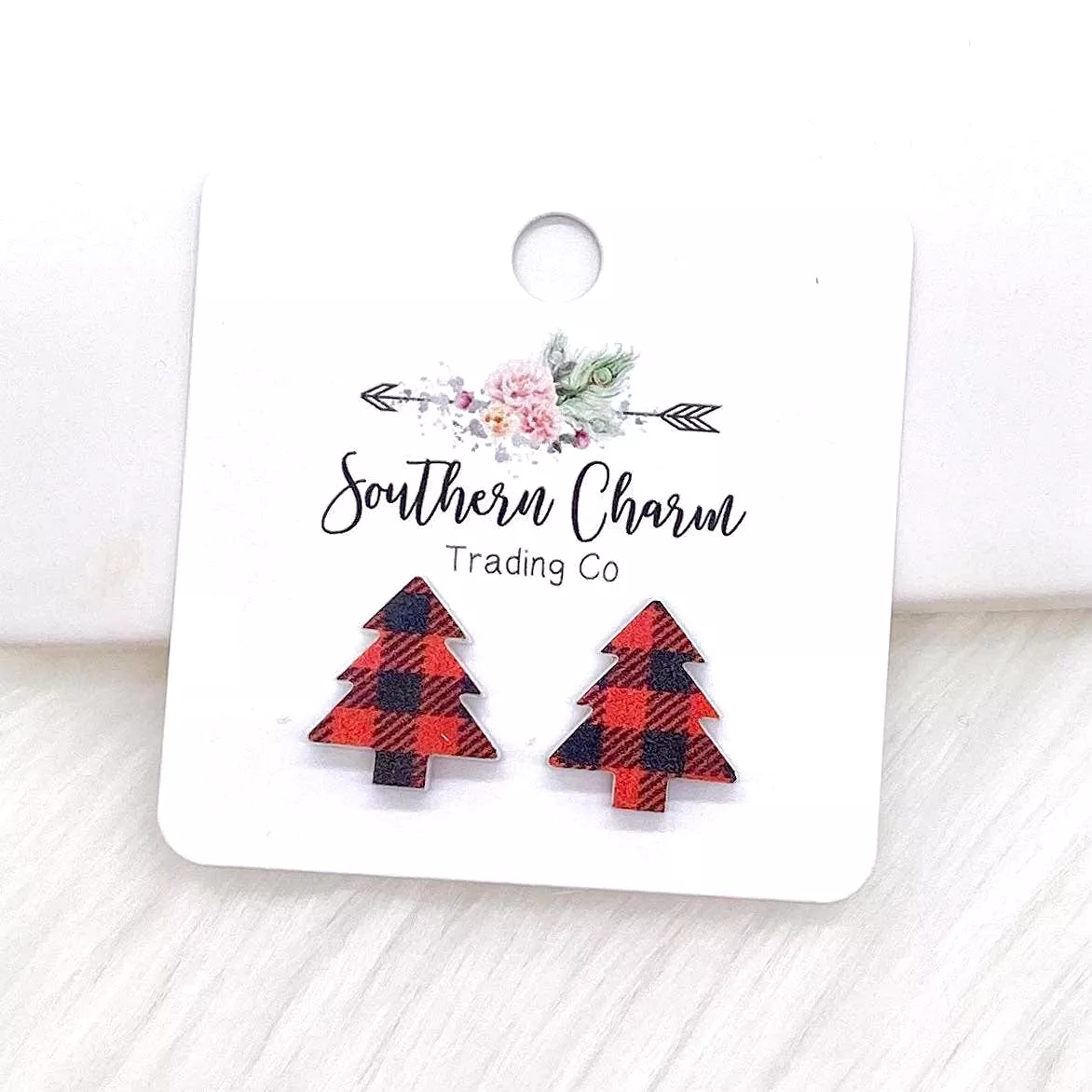 *Red Buffalo Plaid Christmas Tree Stud Earrings*