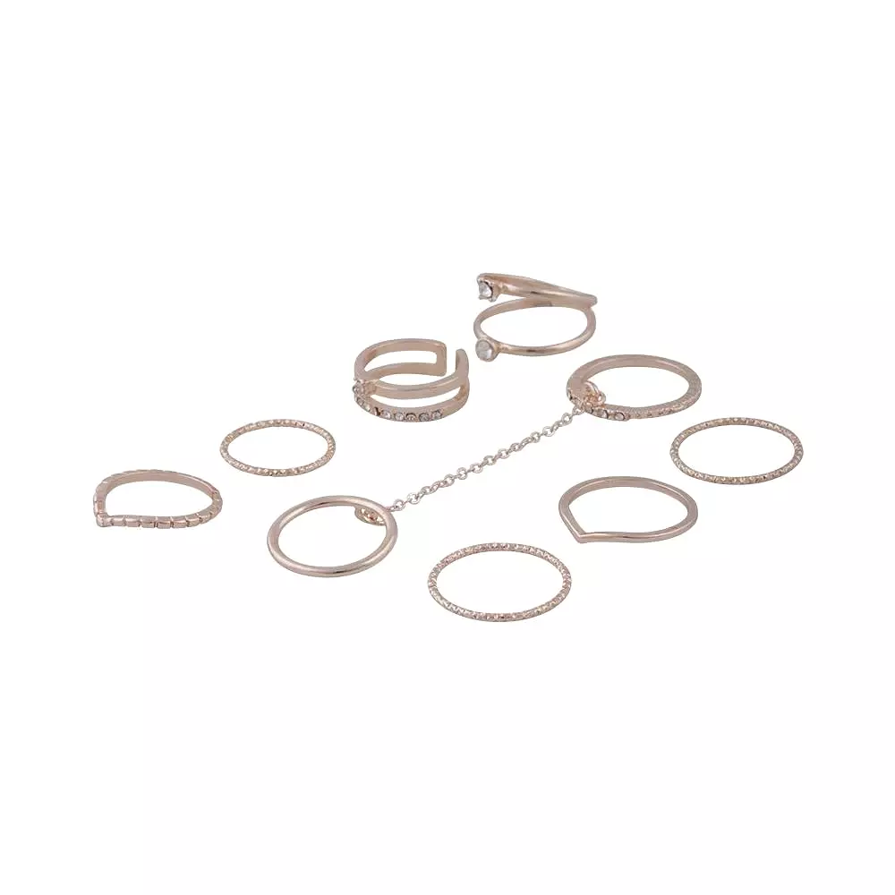 Rose Gold 8-Pack Rings With Knuckle Chain Link