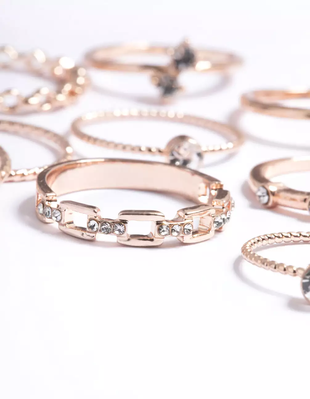 Rose Gold Crystal Chain Ring Pack